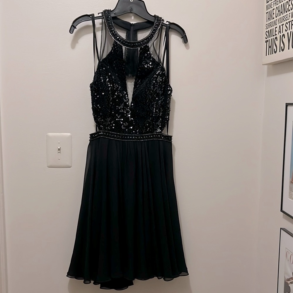 AZARIA BRIDAL SIZE 10 BLACK CUT OUT SIDE MESH W/ SEQUIN BLACK PARTY EVENT DRESS